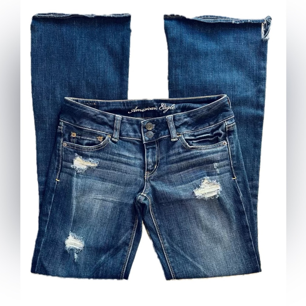 American Eagle Outfitters Dark Blue Distressed Flare Jeans